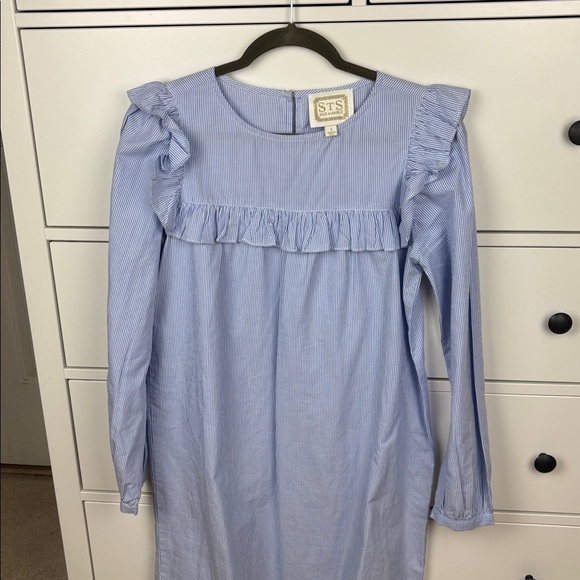 Sail to Sable Pinstripe White and Blue Ruffle Dress - S - Picture 2 of 10